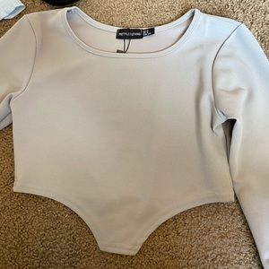 Grey Crepe Dim Hem Long Sleeve Crop Top